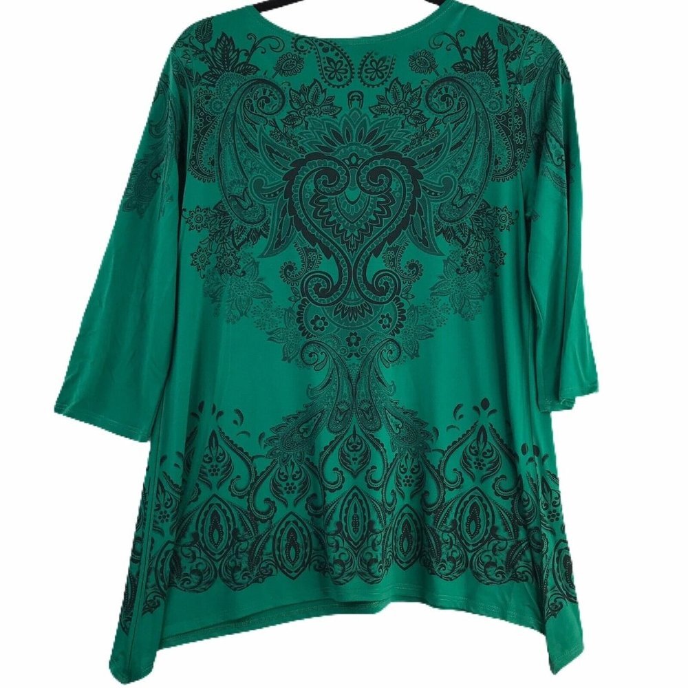 Womens Top Emerald Green Black Blouse Small S Slinky Heart 3/4 Sleeve - Picture 5 of 6